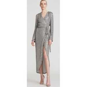 Halston Sz 16 Sheath Dress Maxi Falan Sequin Cocktail Silver Faux Wrap Prom